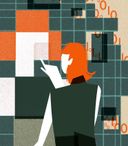 an illustration of a woman interacting with digital tiles which have binary code stretching behind it demonstrating AI creativity