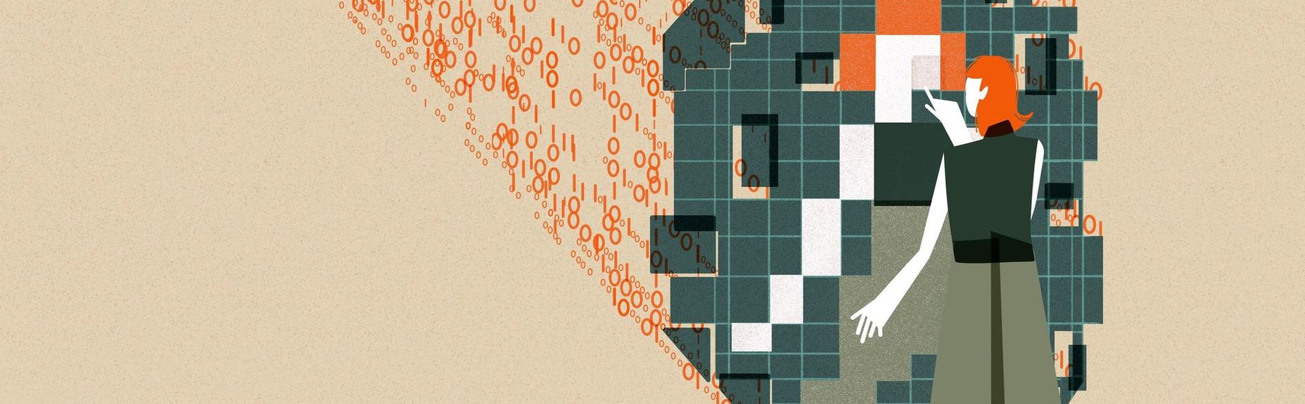 an illustration of a woman interacting with digital tiles which have binary code stretching behind it demonstrating AI creativity