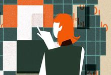 an illustration of a woman interacting with digital tiles which have binary code stretching behind it demonstrating AI creativity