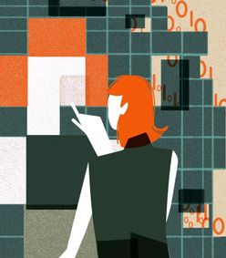 an illustration of a woman interacting with digital tiles which have binary code stretching behind it demonstrating AI creativity