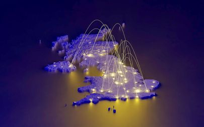 A stylized 3D map of the UK with glowing points connected by curved light trails, set against a dark blue background.