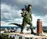 An AI generated giant green lizard man-monster stomps over New York City with dark skies in background